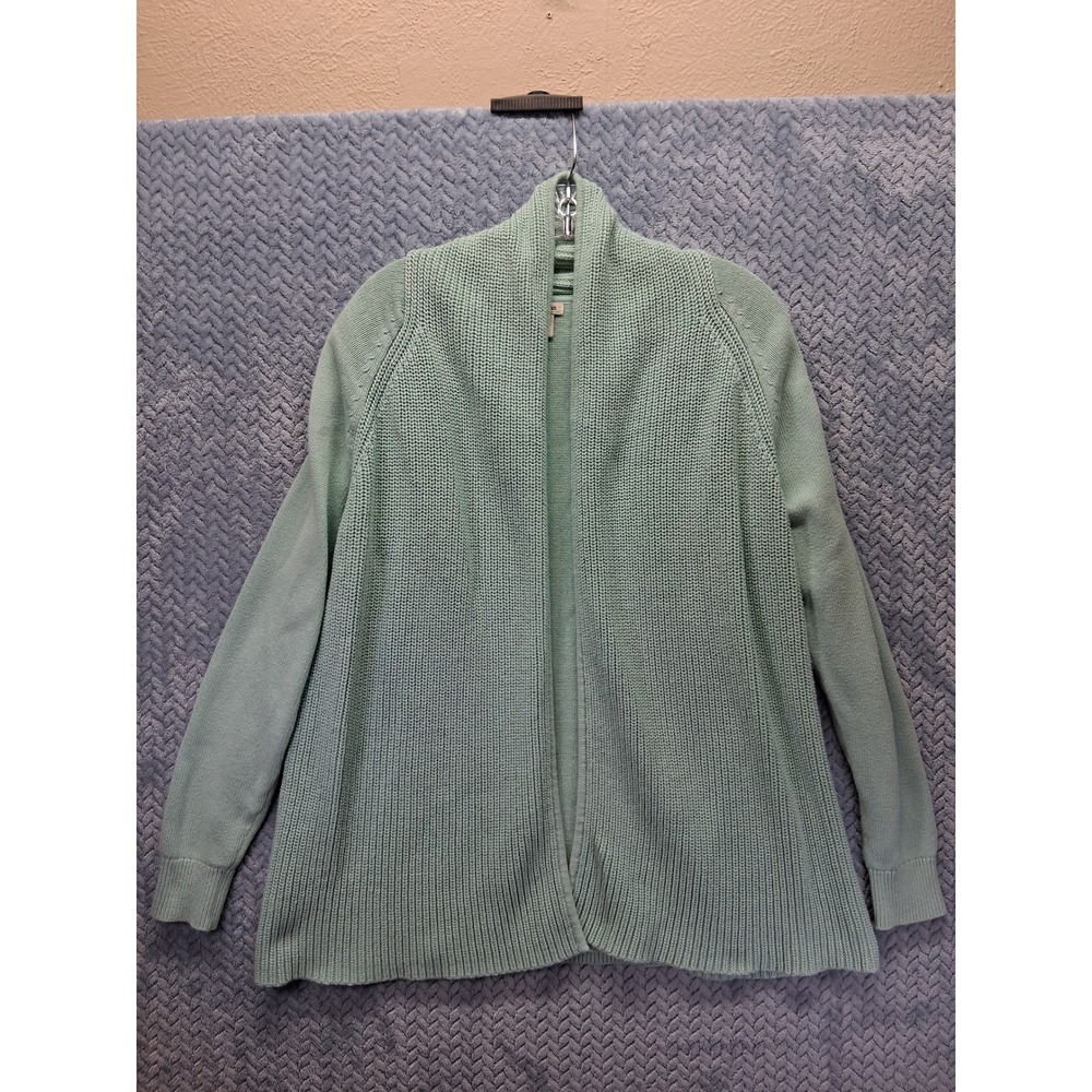 LL Bean Womens Large Seafoam Green Cotton Open Front Shawl Cardigan 290417